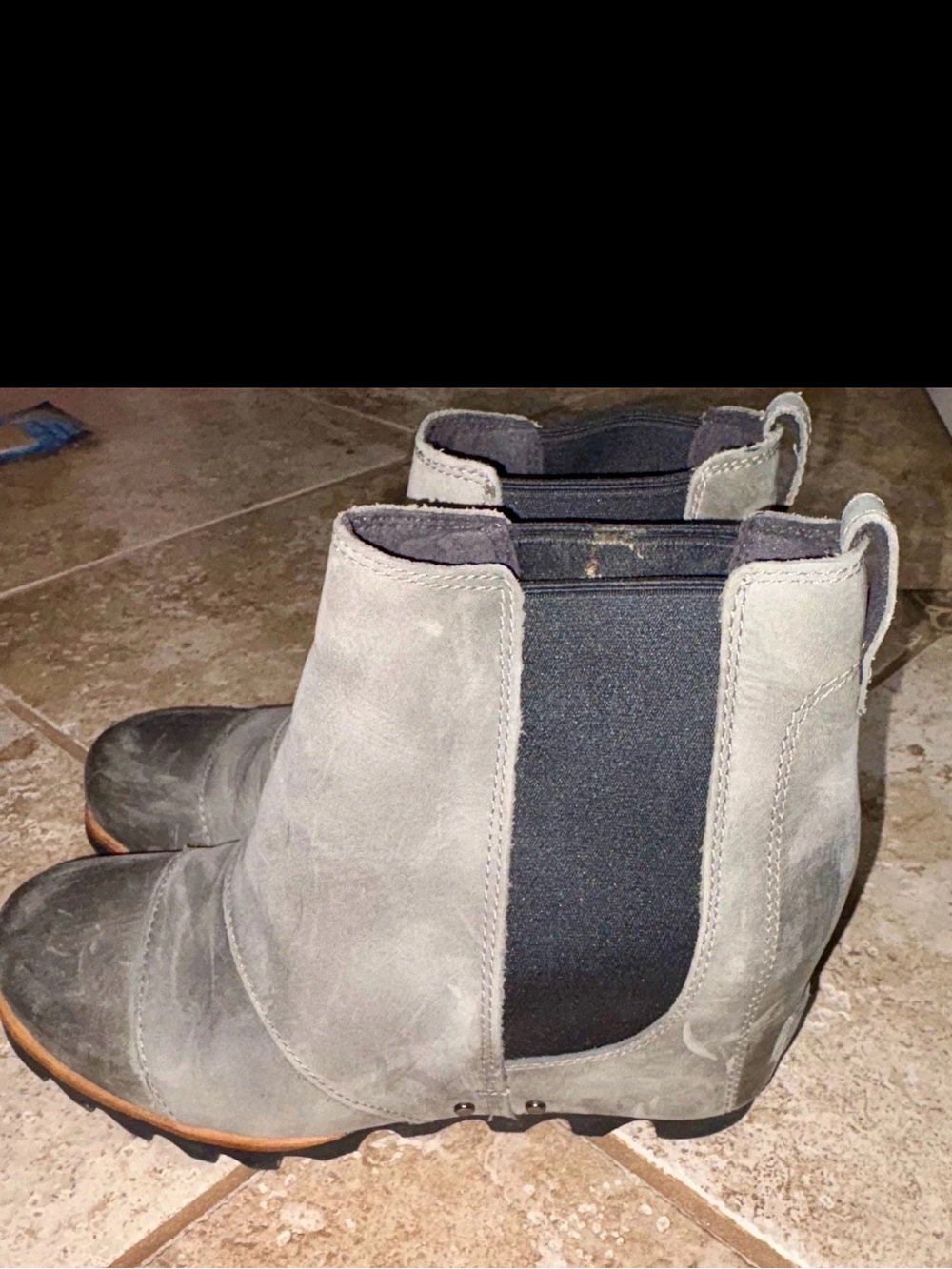 Sorel Gray Suede Chelsea Ankle Boots with Black Elastic Panels